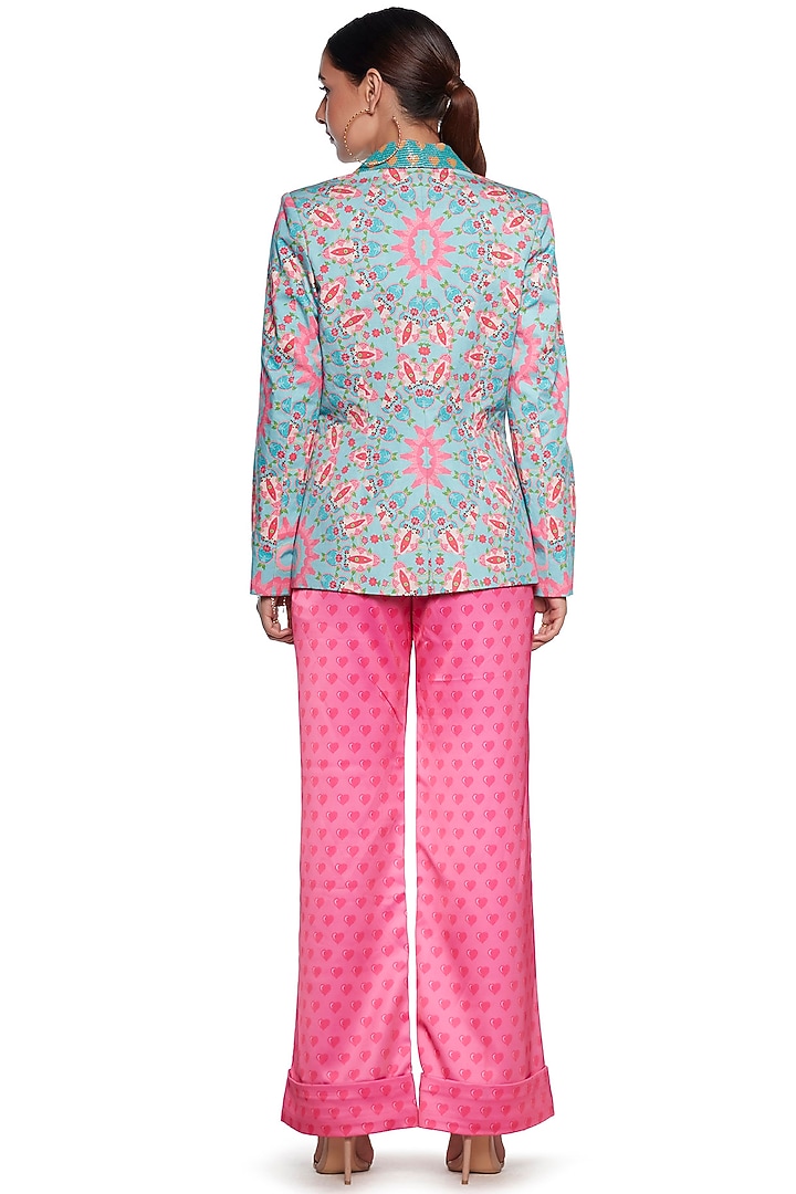 Sky Blue & Pink Printed Blazer Set by SIDDHARTHA BANSAL at Pernia's Pop Up Shop
