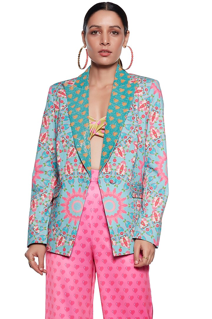 Sky Blue & Pink Printed Blazer Set by SIDDHARTHA BANSAL at Pernia's Pop Up Shop