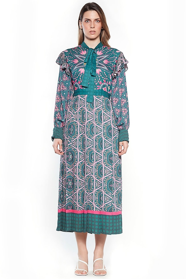 Dark Grey & Pink Modal Pleated Dress by SIDDHARTHA BANSAL