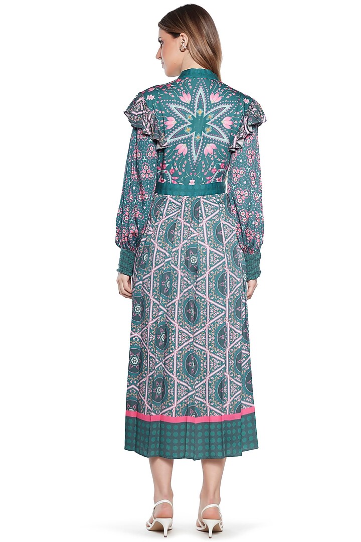 Dark Green & Pink Modal Satin Pleated Vacation Dress by SIDDHARTHA BANSAL at Pernia's Pop Up Shop