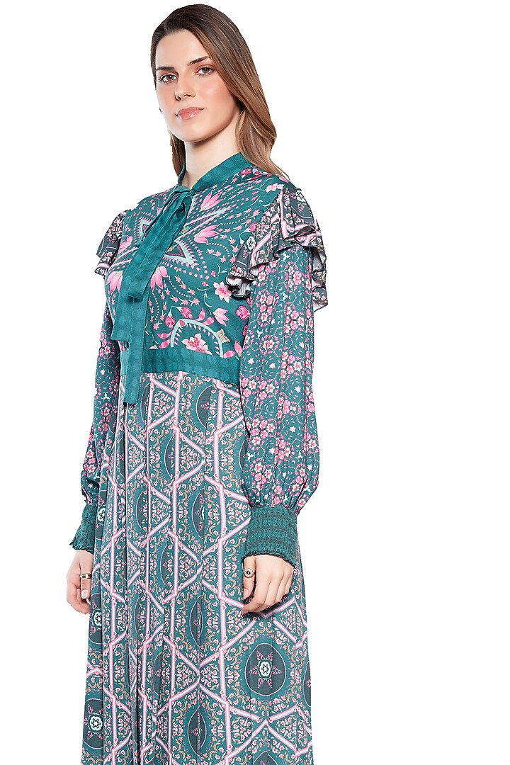 Dark Green & Pink Modal Satin Pleated Vacation Dress by SIDDHARTHA BANSAL at Pernia's Pop Up Shop