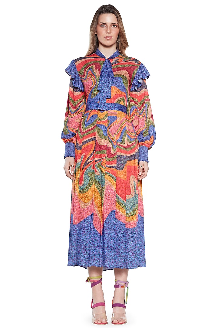 Multi-Colored Modal Satin Pleated Vacation Dress by SIDDHARTHA BANSAL at Pernia's Pop Up Shop