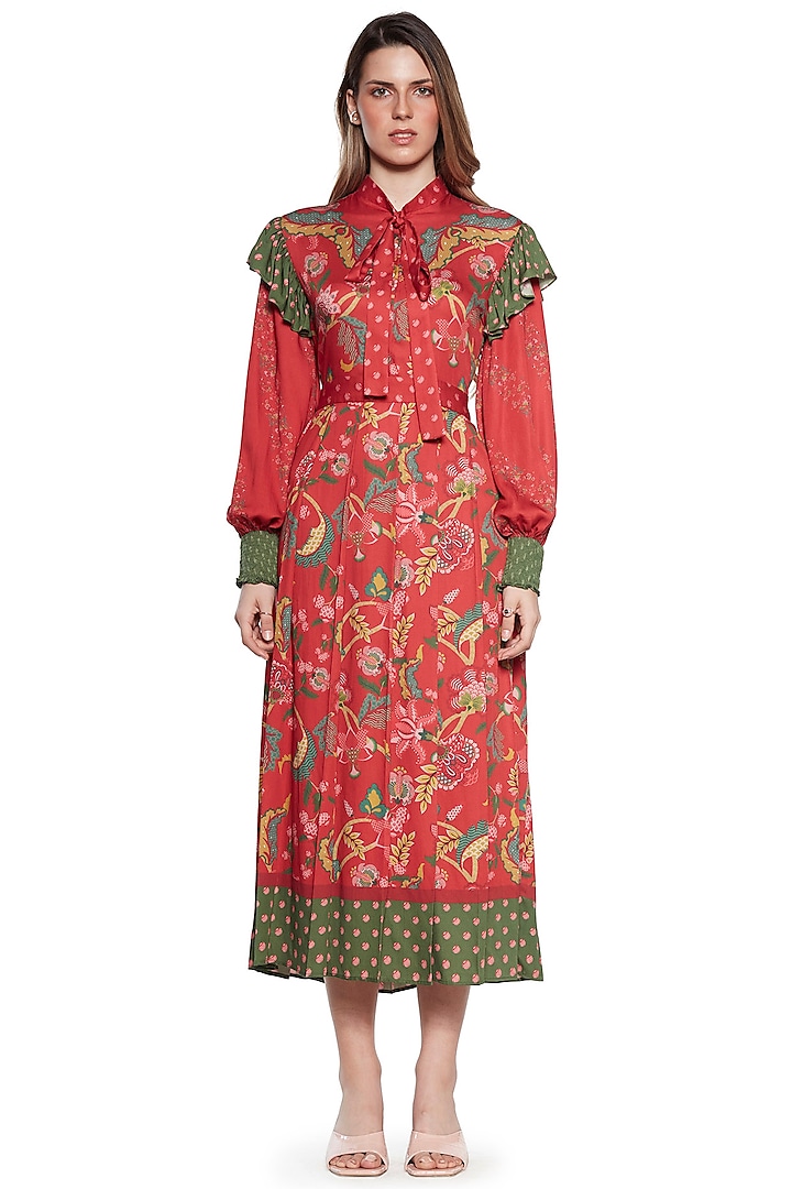 Red & Green Pleated Dress by SIDDHARTHA BANSAL