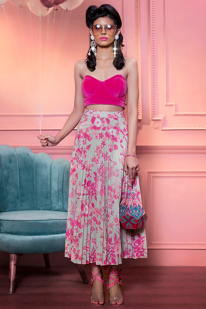 Mint & Pink Pleated Skirt by SIDDHARTHA BANSAL