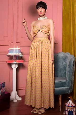 Mustard & Pink Poly Crepe Heart Printed Skirt Set by SIDDHARTHA BANSAL