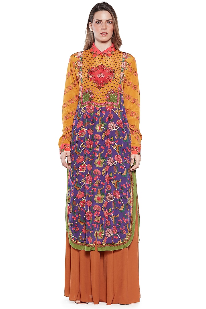 Yellow & Purple Embroidered Shirt Dress by SIDDHARTHA BANSAL