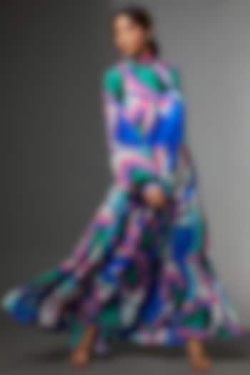 Blue Pure Crepe Digital Printed Tiered Vacation Dress by SIDDHARTHA BANSAL at Pernia's Pop Up Shop