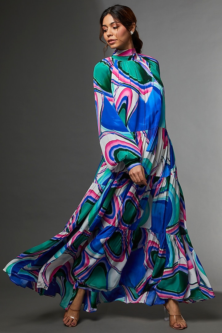 Blue Pure Crepe Digital Printed Tiered Vacation Dress by SIDDHARTHA BANSAL at Pernia's Pop Up Shop