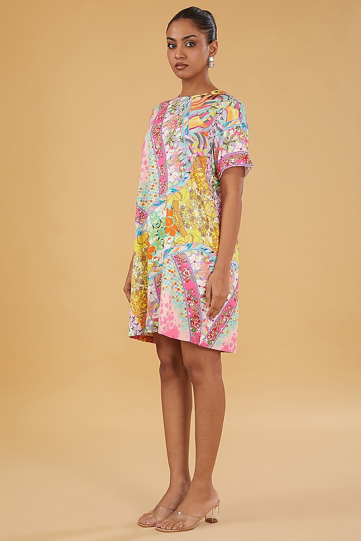 Multi-Colored Cotton Satin Printed & Embroidered Mini Dress by SIDDHARTHA BANSAL