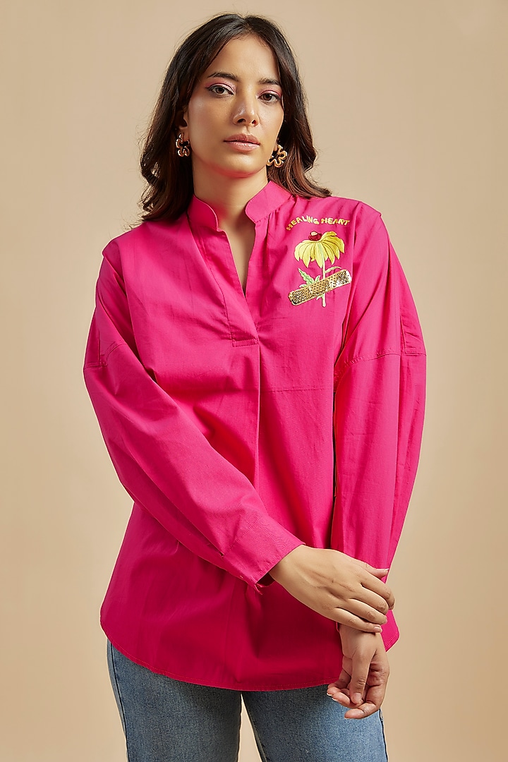 Hot Pink Cotton Floral Embroidered Shirt by SIDDHARTHA BANSAL