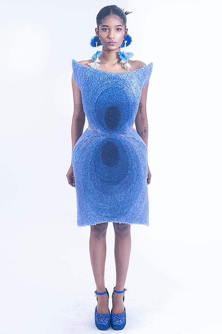Sapphire Blue Ombre Silk Taffeta Embroidered Dress by SIDDHARTHA BANSAL