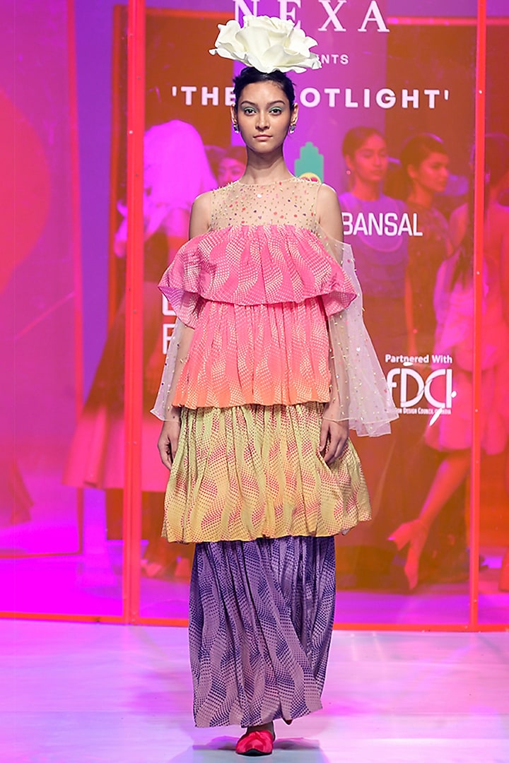 Multi-Colored Pure Crepe Embroidered Tiered Dress by SIDDHARTHA BANSAL