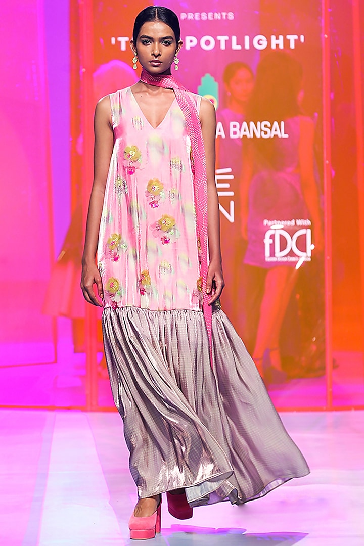 Pink Organza Satin Printed Flounce Dress by SIDDHARTHA BANSAL
