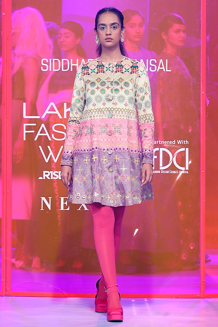 Multi-Colored Suede Velvet Printed A-Line Coat Dress by SIDDHARTHA BANSAL