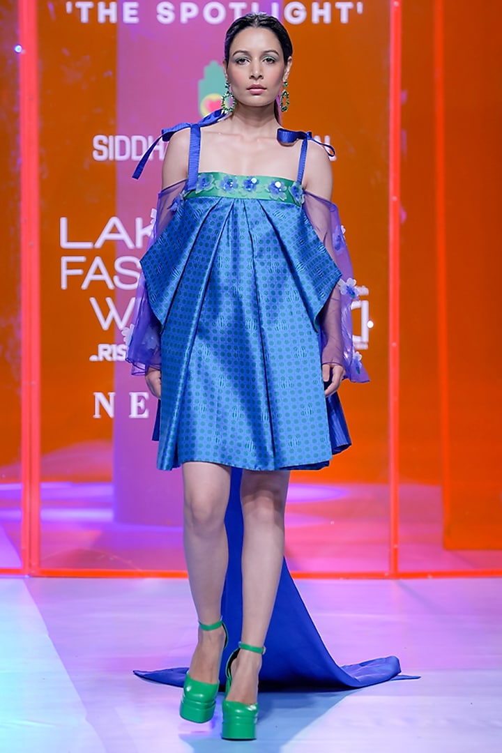 Sapphire Blue Silk Taffeta Printed Dress by SIDDHARTHA BANSAL