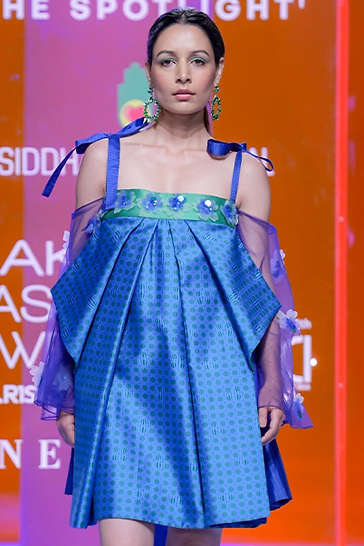Sapphire Blue Silk Taffeta Printed Vacation Dress by SIDDHARTHA BANSAL at Pernia's Pop Up Shop