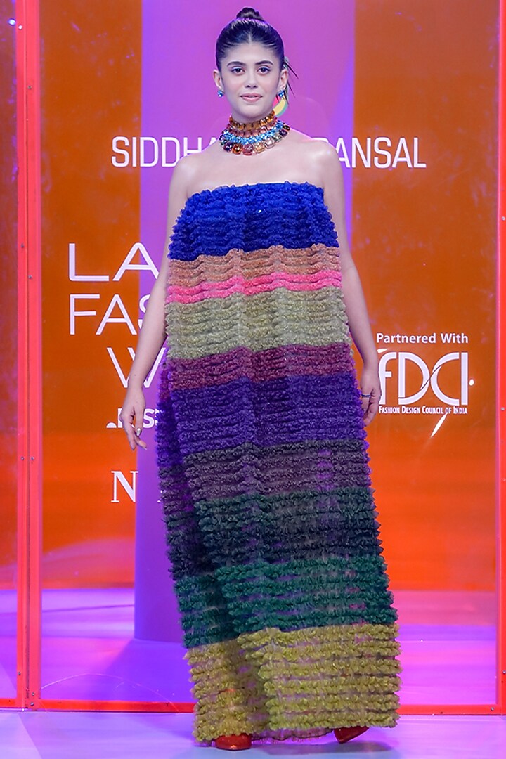 Multi-Colored Organza Embroidered Off-Shoulder Dress by SIDDHARTHA BANSAL