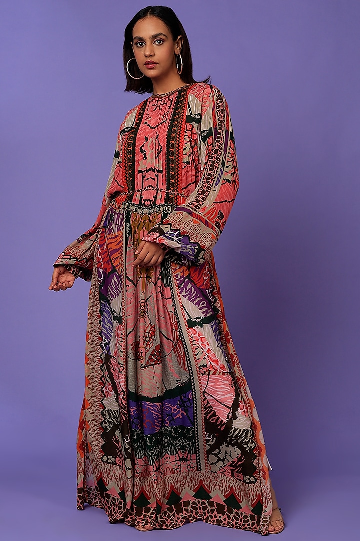 Multi-Colored Printed & Embroidered Kaftan Dress by SIDDHARTHA BANSAL