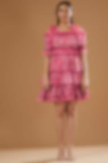 Pink Moss Crepe & Organza Printed Dress by SIDDHARTHA BANSAL