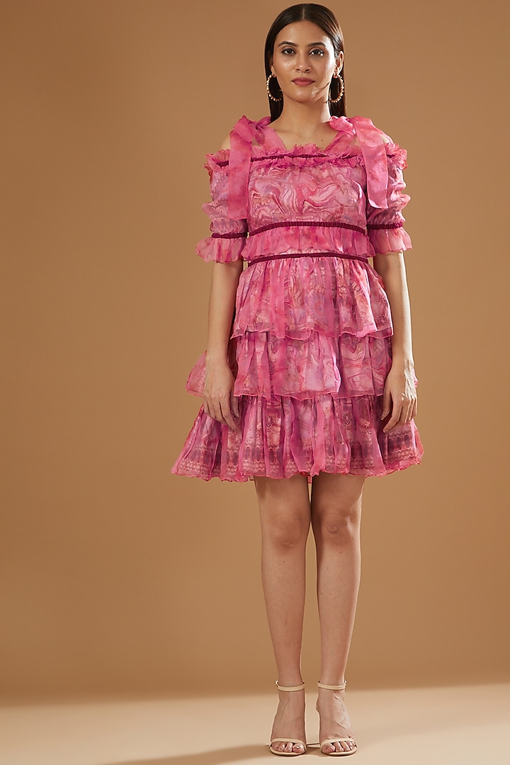 Pink Moss Crepe & Organza Printed Dress by SIDDHARTHA BANSAL