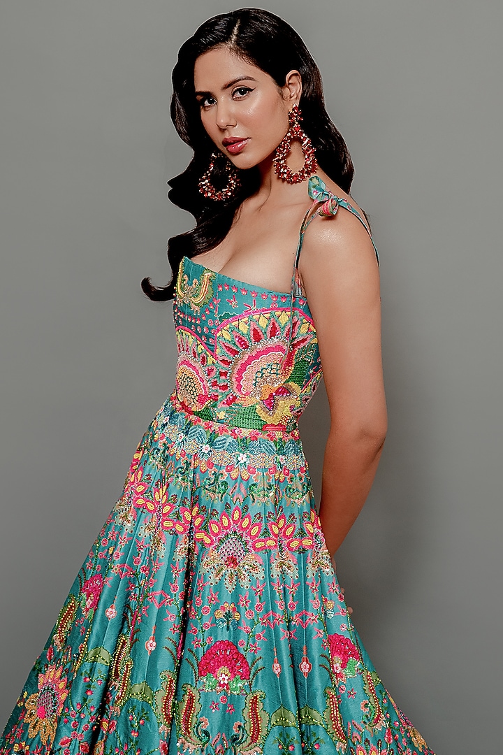 Teal Embroidered Gown by Siddhartha Bansal at Pernia's Pop Up Shop