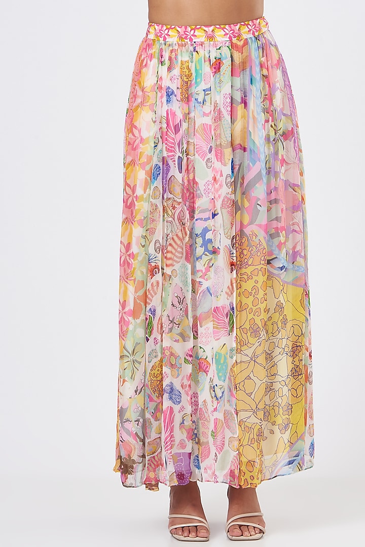 Blush Pink Chiffon Floral Printed Gathered Maxi Skirt by SIDDHARTHA BANSAL