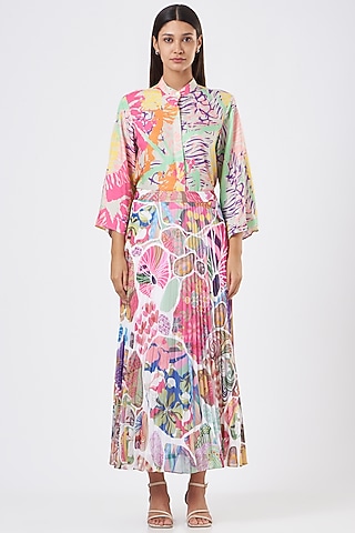 White Georgette Block Printed Pleated Maxi Skirt by SIDDHARTHA BANSAL