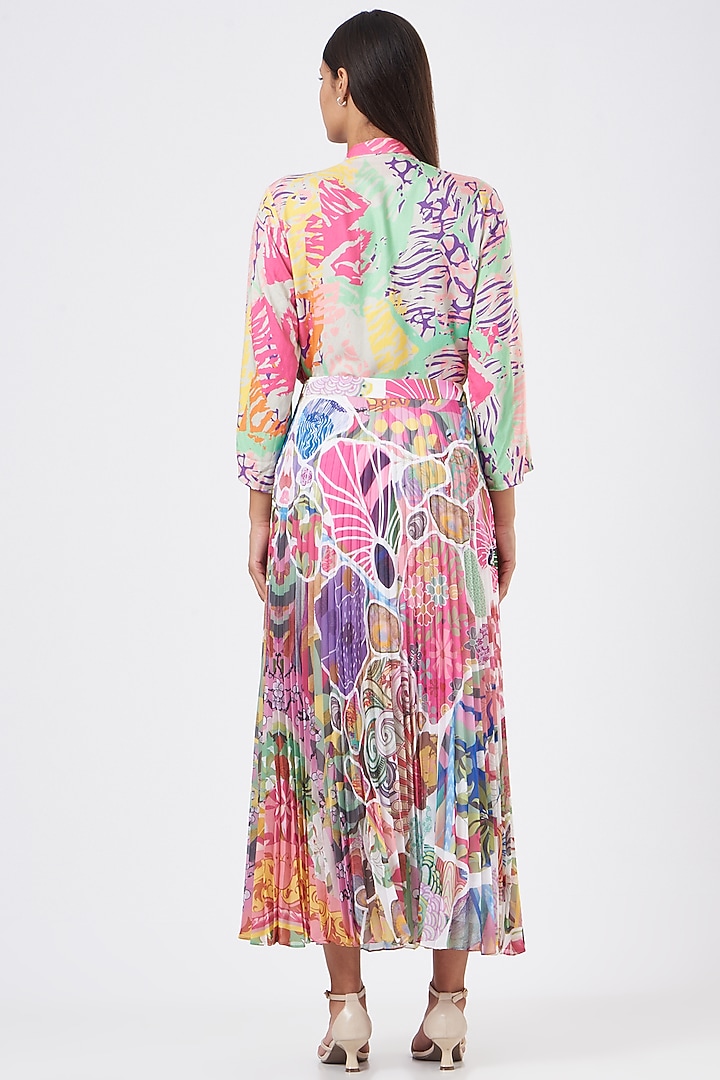 White Georgette Block Printed Pleated Maxi Skirt by SIDDHARTHA BANSAL at Pernia's Pop Up Shop