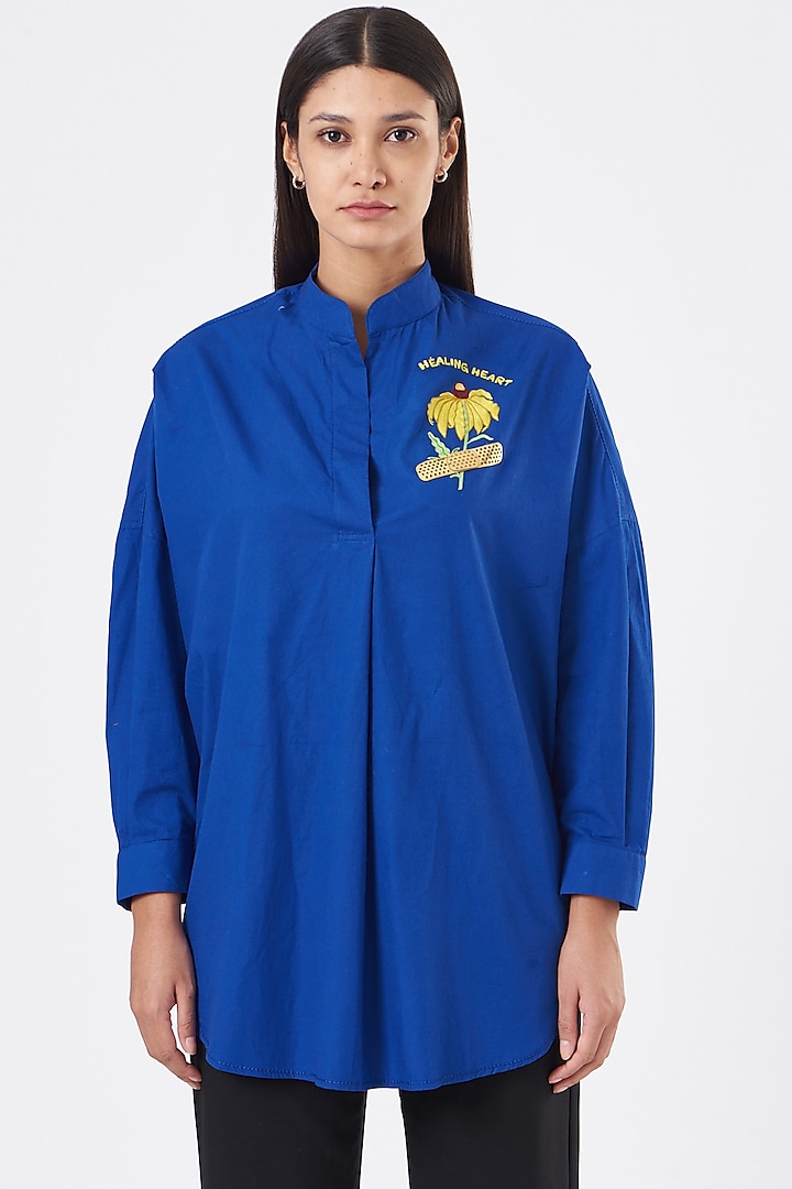 Blue Embroidered Oversized Shirt by SIDDHARTHA BANSAL at Pernia's Pop Up Shop