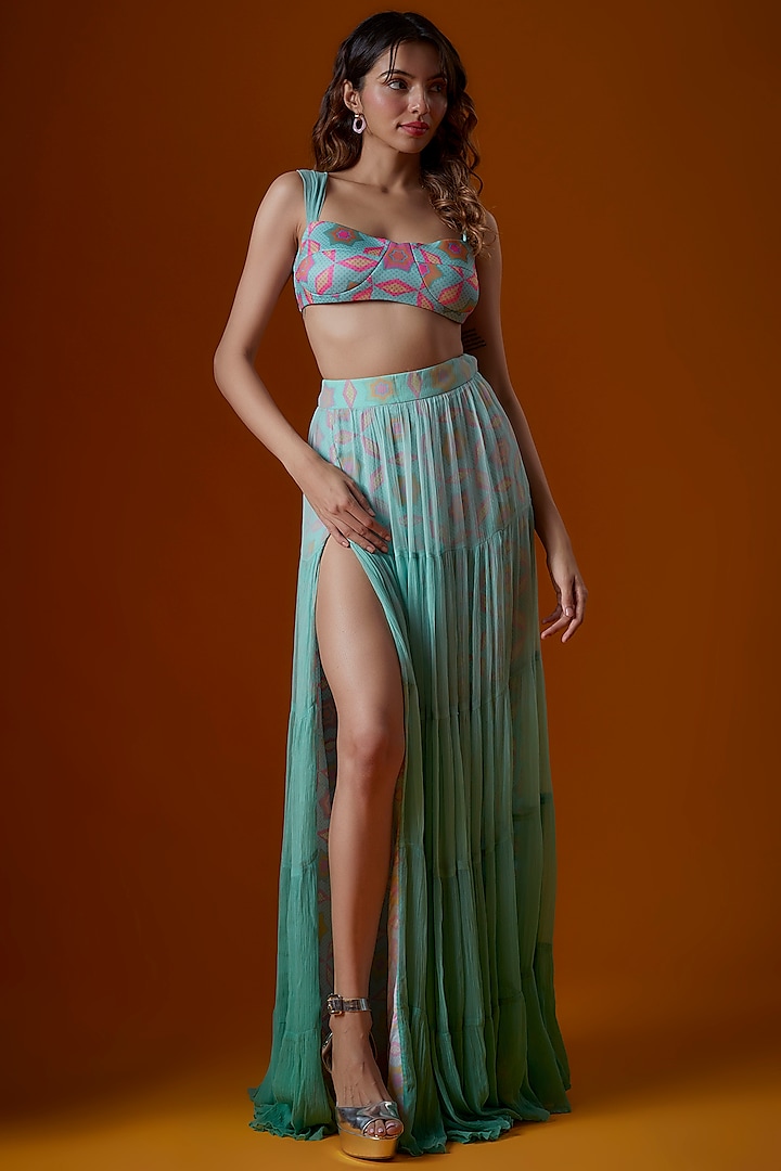 Aqua Blue Neoprene Chiffon Printed Skirt Set by SIDDHARTHA BANSAL