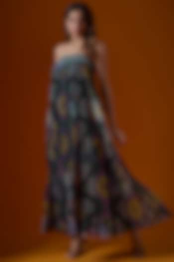 Black Poly Georgette Digital Printed Dress by SIDDHARTHA BANSAL