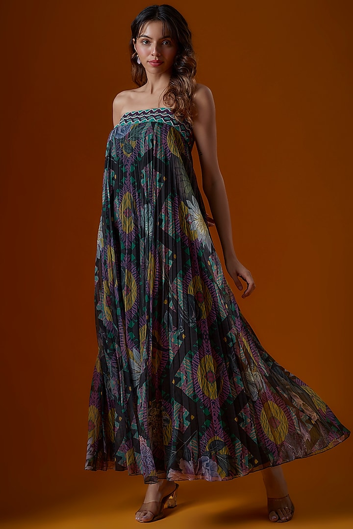 Black Poly Georgette Digital Printed Dress by SIDDHARTHA BANSAL