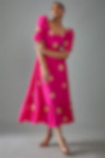 Pink Cotton Poplin Embroidered Dress by SIDDHARTHA BANSAL