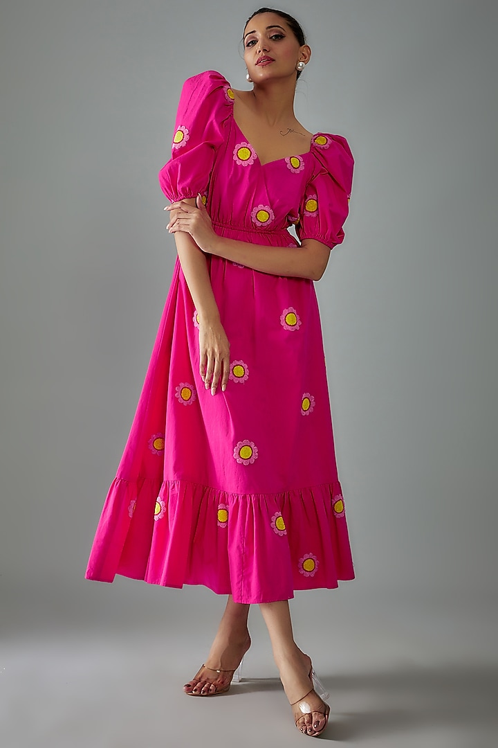 Pink Cotton Poplin Embroidered Dress by SIDDHARTHA BANSAL