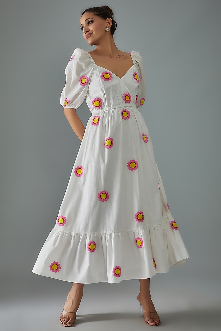 White Cotton Poplin Embroidered Dress by SIDDHARTHA BANSAL