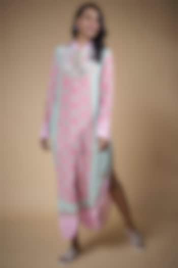 Pink & Mint Blue Pure Crepe Embellished Shirt Dress by SIDDHARTHA BANSAL