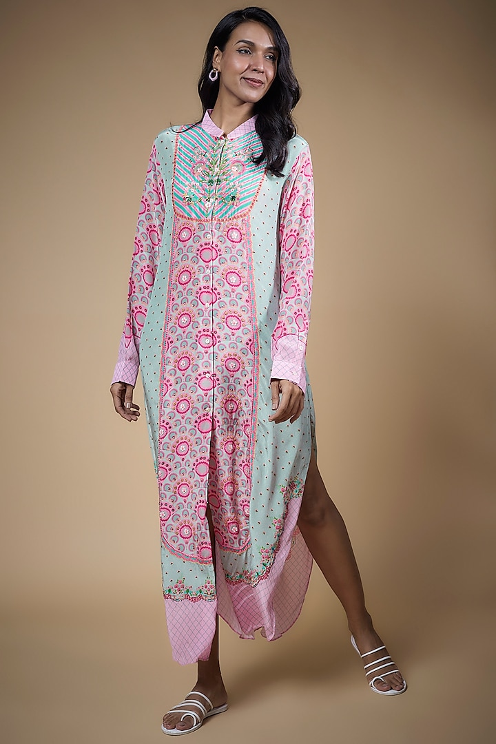 Pink & Mint Blue Pure Crepe Embellished Shirt Dress by SIDDHARTHA BANSAL