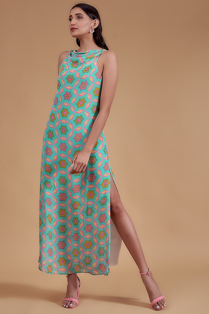 Blue Pure Crepe Printed Summer Dress by SIDDHARTHA BANSAL at Pernia's Pop Up Shop
