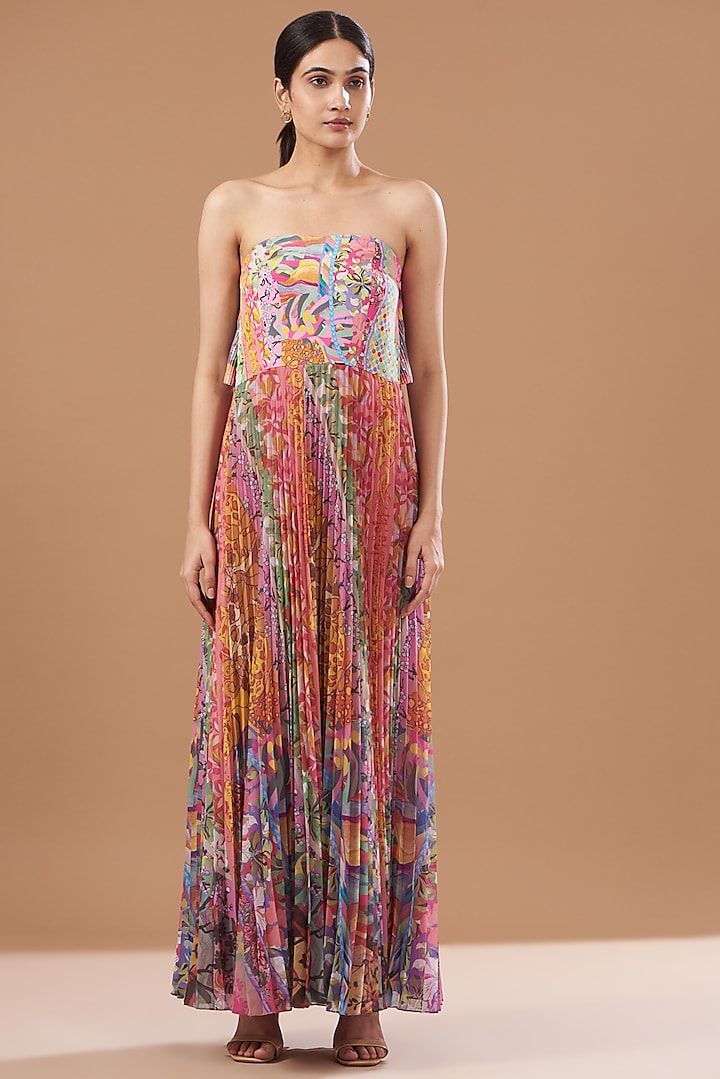 Multi-Colored Crepe Printed Tube Dress by SIDDHARTHA BANSAL