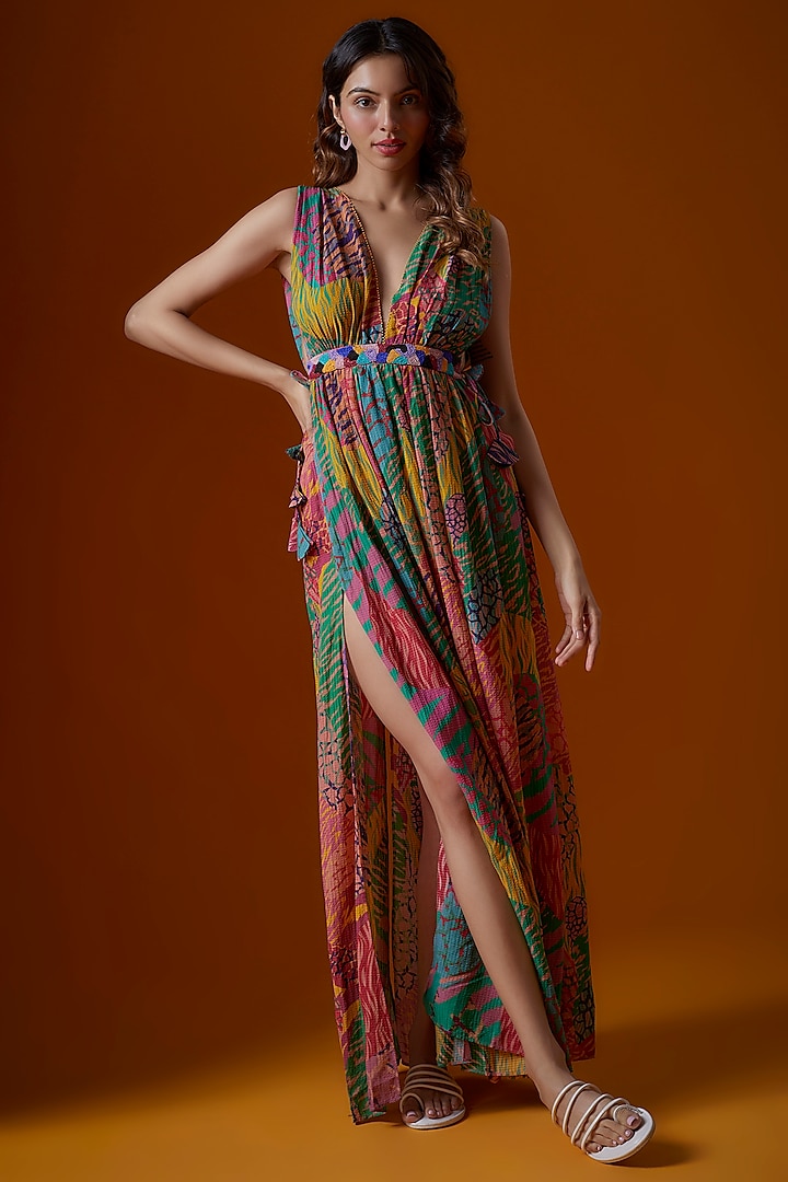 Multi-Colored Pure Crepe Digital Printed Paneled Dress by SIDDHARTHA BANSAL