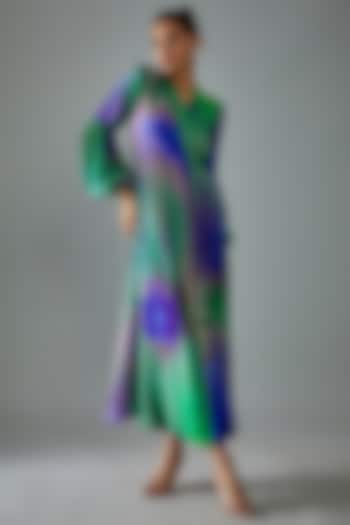 Purple & Green Pure Crepe Printed Wrap Dress by SIDDHARTHA BANSAL