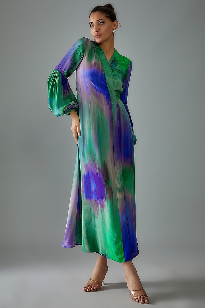 Purple & Green Pure Crepe Printed Wrap Dress by SIDDHARTHA BANSAL