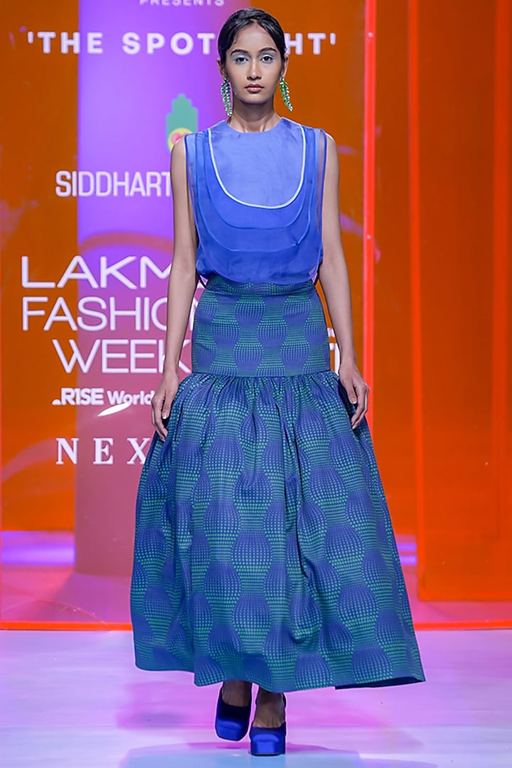 Sapphire Blue Pure Crepe & Organza Top by SIDDHARTHA BANSAL at Pernia's Pop Up Shop