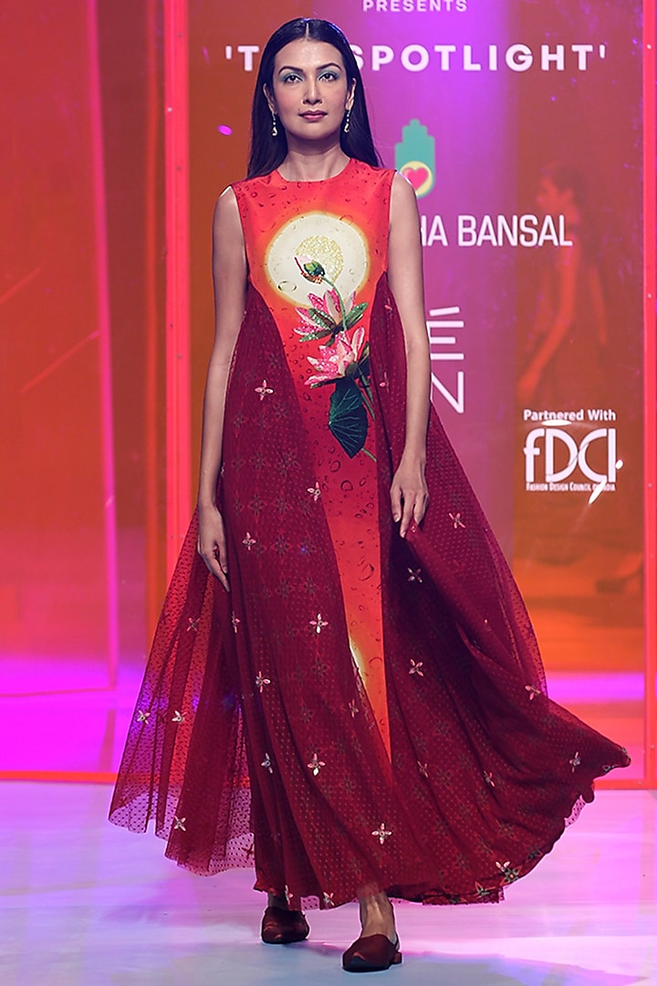 Cherry Red Pure Crepe & Net Printed Dress by SIDDHARTHA BANSAL