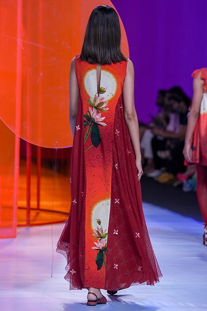 Cherry Red Pure Crepe & Net Printed Vacation Dress by SIDDHARTHA BANSAL at Pernia's Pop Up Shop