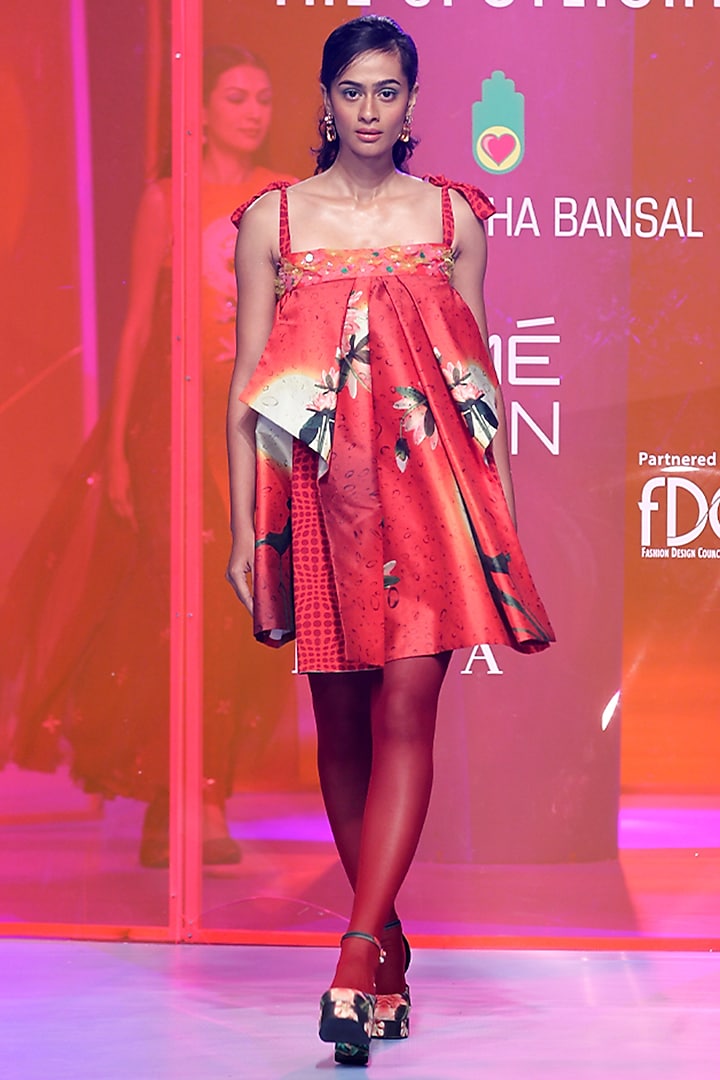 Cherry Red Silk Taffeta Printed & Embroidered Dress by SIDDHARTHA BANSAL