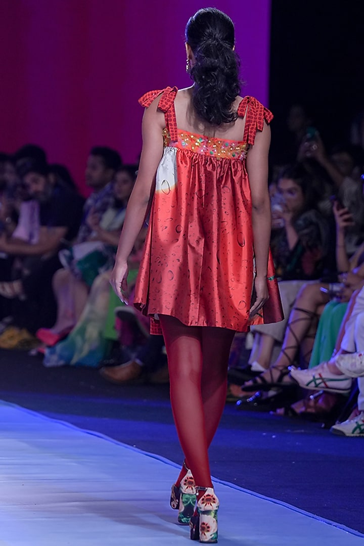 Cherry Red Silk Taffeta Printed & Embroidered Vacation Dress by SIDDHARTHA BANSAL at Pernia's Pop Up Shop