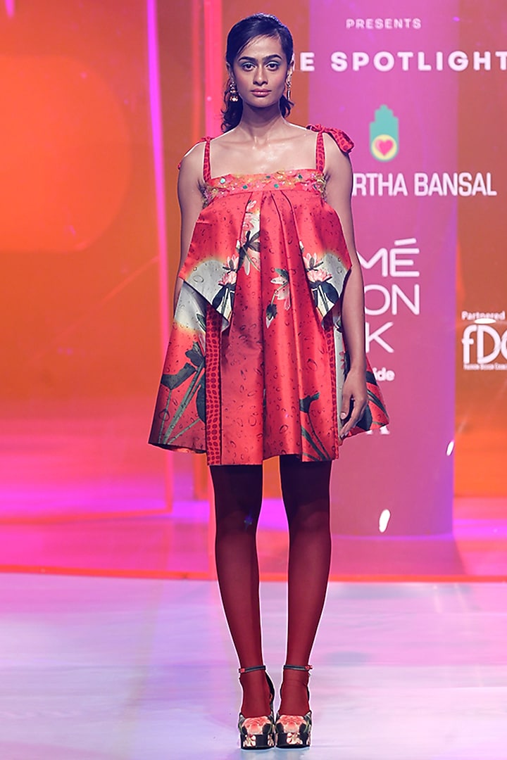 Cherry Red Silk Taffeta Printed & Embroidered Vacation Dress by SIDDHARTHA BANSAL at Pernia's Pop Up Shop