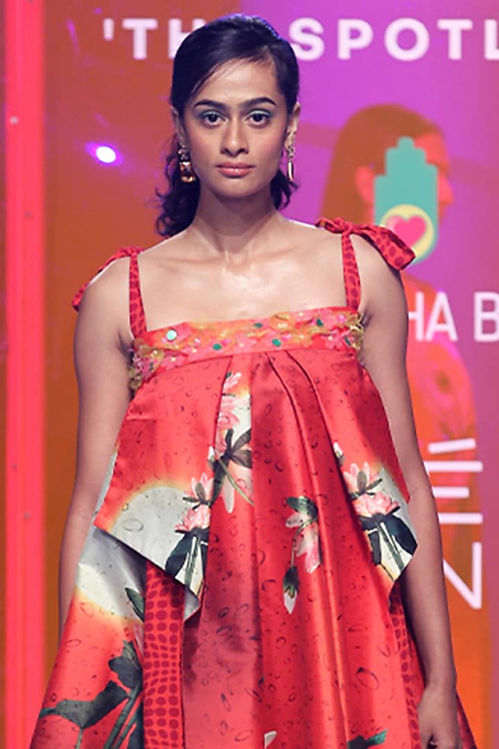 Cherry Red Silk Taffeta Printed & Embroidered Vacation Dress by SIDDHARTHA BANSAL at Pernia's Pop Up Shop