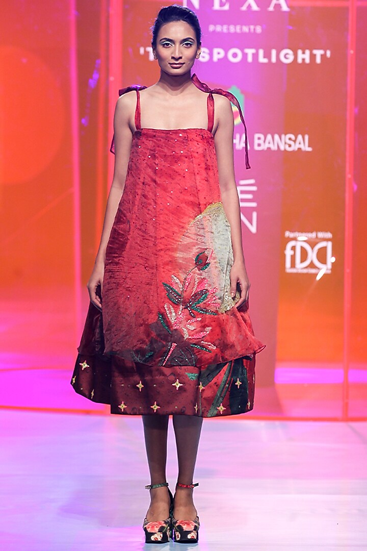 Cherry Red Silk Taffeta & Organza Printed Vacation Dress by SIDDHARTHA BANSAL at Pernia's Pop Up Shop